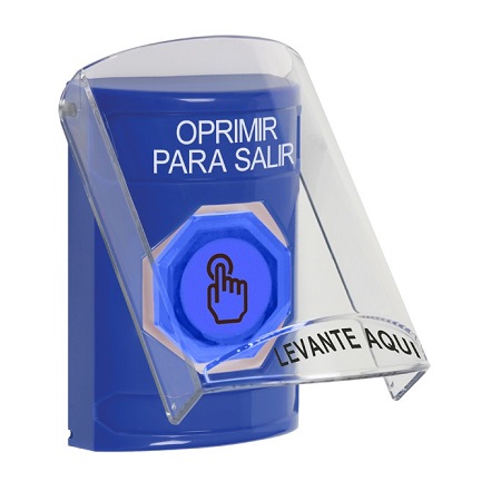 SS24A6PX-ES STI Blue Indoor Only Flush or Surface Cover w/ Horn Momentary (Illuminated) with Blue Lens Stopper Station with PUSH TO EXIT Label Spanish