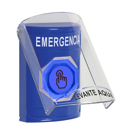 SS24A7EM-ES STI Blue Indoor Only Flush or Surface w/ Horn Weather Resistant Momentary (Illuminated) with Blue Lens Stopper Station with EMERGENCY Label Spanish