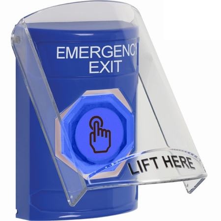SS24A7EX-EN STI Blue Indoor Only Flush or Surface Cover w/ Horn Weather Resistant Momentary (Illuminated) with Blue Lens Stopper Station with EMERGENCY EXIT Label English