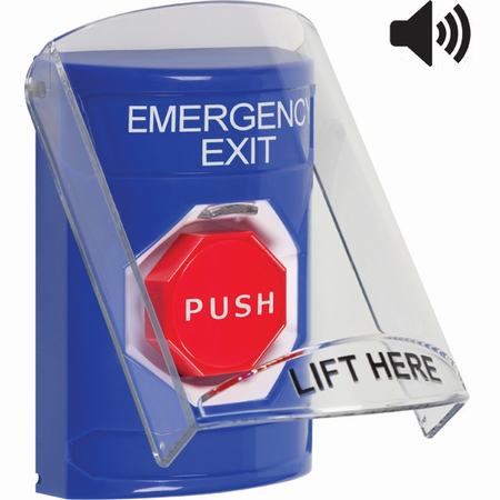 SS24A8EX-EN STI Blue Indoor Only Flush or Surface Cover w/ Horn Pneumatic (Illuminated) Stopper Station with EMERGENCY EXIT Label English