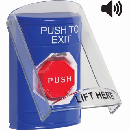 SS24A8PX-EN STI Blue Indoor Only Flush or Surface Cover w/ Horn Pneumatic (Illuminated) Stopper Station with PUSH TO EXIT Label English