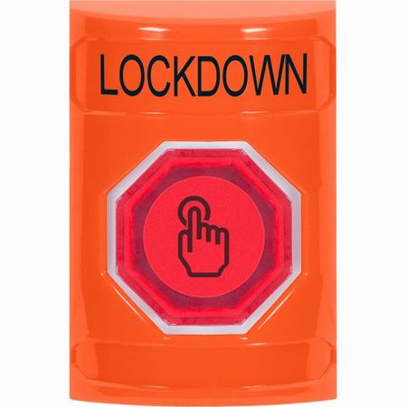 SS2506LD-EN STI Orange No Cover Momentary (Illuminated) with Red Lens Stopper Station with LOCKDOWN Label English