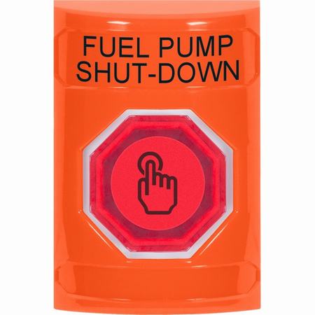 SS2506PS-EN STI Orange No Cover Momentary (Illuminated) with Red Lens Stopper Station with FUEL PUMP SHUT DOWN Label English