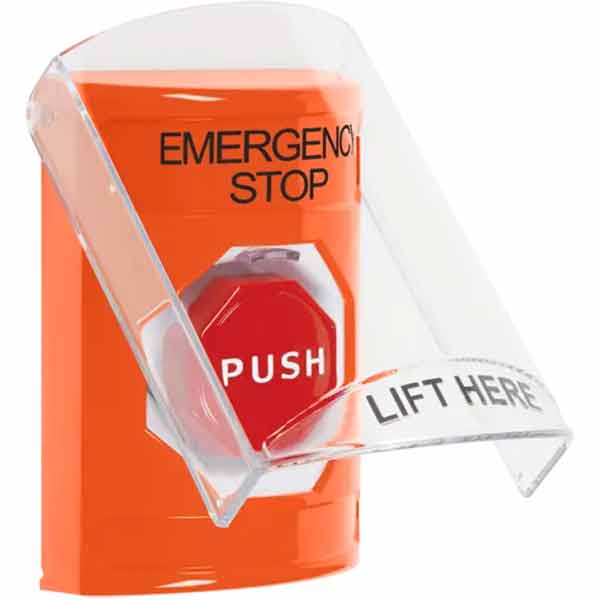SS2525ES-EN STI Orange Indoor Only Flush or Surface Cover Momentary (Illuminated) Stopper Station with EMERGENCY STOP Label English