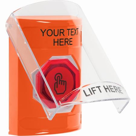 SS2527ZA-EN STI Orange Indoor Only Flush or Surface Cover Weather Resistant Momentary (Illuminated) with Red Lens Stopper Station with Non-Returnable Custom Text Label English