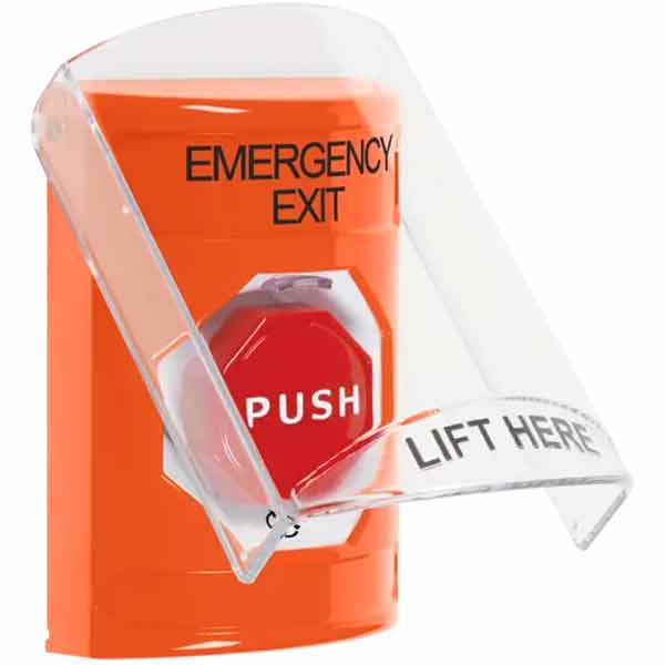 SS2529EX-EN STI Orange Indoor Only Flush or Surface Cover Turn-to-Reset (Illuminated) Stopper Station with EMERGENCY EXIT Label English