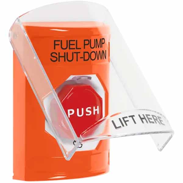 SS2529PS-EN STI Orange Indoor Only Flush or Surface Cover Turn-to-Reset (Illuminated) Stopper Station with FUEL PUMP SHUT DOWN Label English