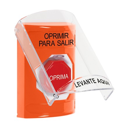 SS2529PX-ES STI Orange Indoor Only Flush or Surface Cover Turn-to-Reset (Illuminated) Stopper Station with PUSH TO EXIT Label Spanish