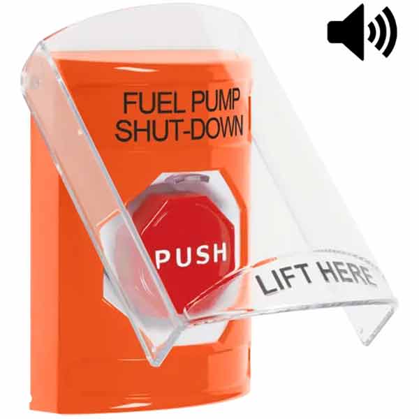 SS25A2PS-EN STI Orange Indoor Only Flush or Surface Cover w/ Horn Key-to-Reset (Illuminated) Stopper Station with FUEL PUMP SHUT DOWN Label English
