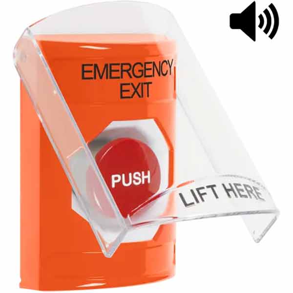 SS25A4EX-EN STI Orange Indoor Only Flush or Surface Cover w/ Horn Momentary Stopper Station with EMERGENCY EXIT Label English