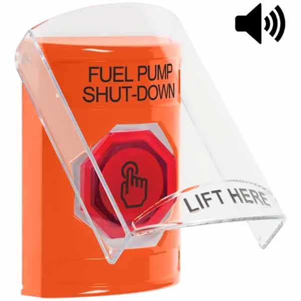 SS25A6PS-EN STI Orange Indoor Only Flush or Surface Cover w/ Horn Momentary (Illuminated) with Red Lens Stopper Station with FUEL PUMP SHUT DOWN Label English