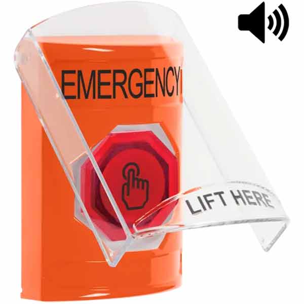 SS25A7EM-EN STI Orange Indoor Only Flush or Surface Cover w/ Horn Weather Resistant Momentary (Illuminated) with Red Lens Stopper Station with EMERGENCY Label English