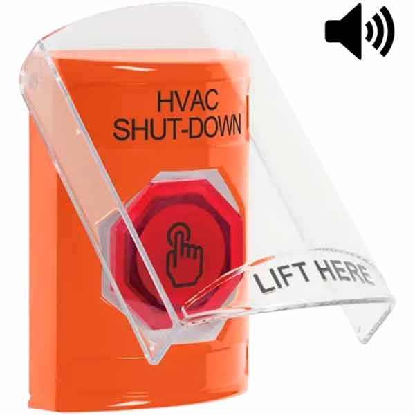 SS25A7HV-EN STI Orange Indoor Only Flush or Surface Cover w/ Horn Weather Resistant Momentary (Illuminated) with Red Lens Stopper Station with HVAC SHUT DOWN Label English