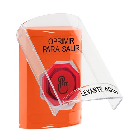 SS25A7PX-ES STI Orange Indoor Only Flush or Surface Cover w/ Horn Weather Resistant Momentary (Illuminated) with Red Lens Stopper Station with PUSH TO EXIT Label Spanish