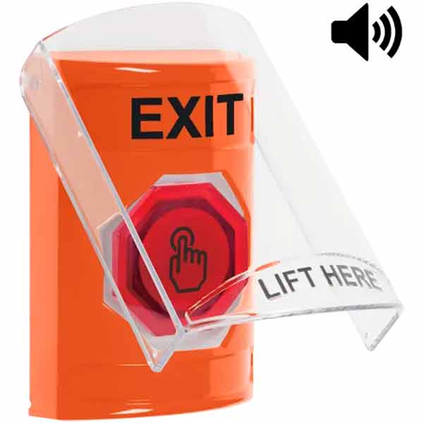 SS25A7XT-EN STI Orange Indoor Only Flush or Surface Cover w/ Horn Weather Resistant Momentary (Illuminated) with Red Lens Stopper Station with EXIT Label English