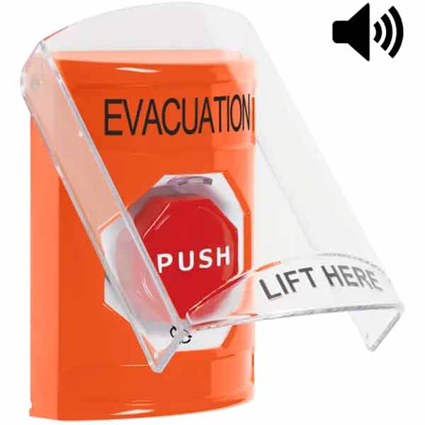 SS25A9EV-EN STI Orange Indoor Only Flush or Surface Cover w/ Horn Turn-to-Reset (Illuminated) Stopper Station with EVACUATION Label English