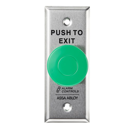 TS-27R Alarm Controls 1.5" Dia Red Pushbutton, 1 N/O, 1 N/C Momentary Switch., Contacts Rated 10A., "Push to Exit", 1-3/4" S.S Plate