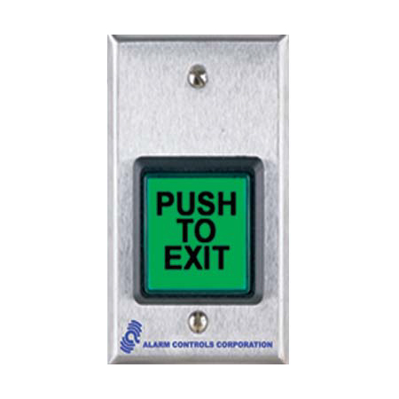 TS-3T Alarm Controls U.L. 2Sq. Green Illuminated P.B. With Timer, S.P.D.T., 2 A. Contacts, Push to Exit,  Red Led Single Gang Stainless Steel Wallplate, 12/24 Volts AC/DC