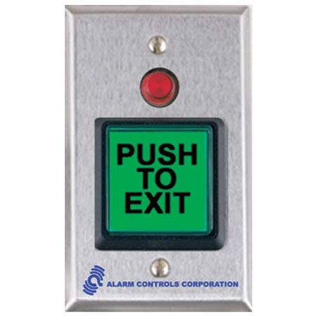 TS-3 Alarm Controls U.L. 2" SQ.Green Illuminated Pushbutton, with 1/2" Red Led, S.P.D.T. 10 A.Contacts, "Push to Exit", S.G. Plate
