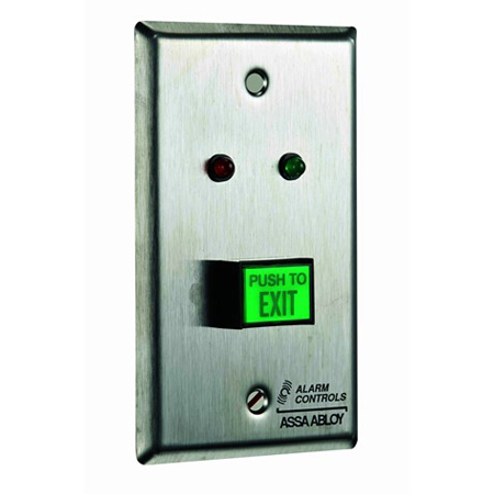 TS-7 Alarm Controls U.L. 5/8 " X 7/8" Green Illuminated Pushbutton, D.P.D.T. 3 A. Contacts, "Push To Exit" S.G., S.S Plate