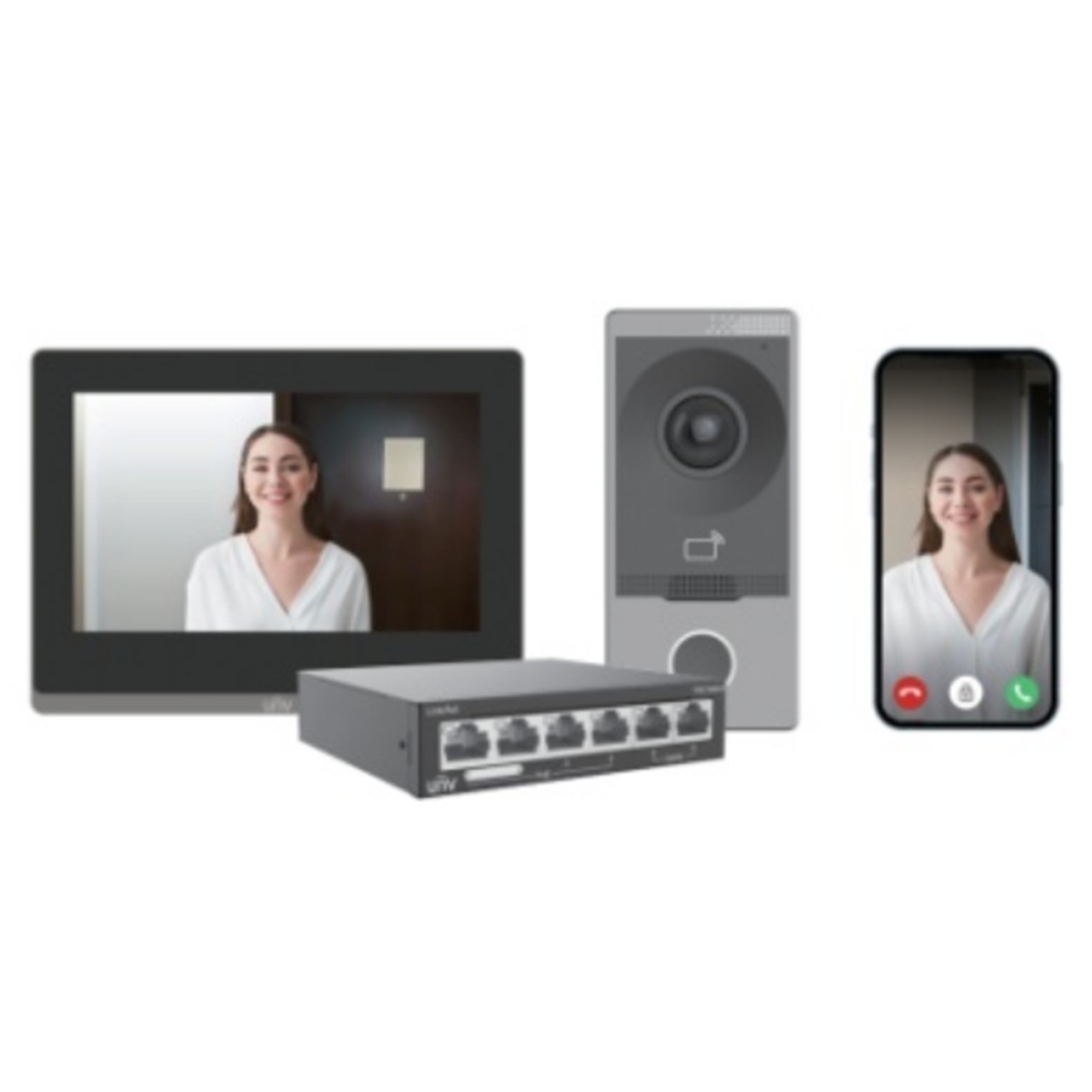 KIT/201S/372S/NSW2020 Uniview Villa Door Station(IC Card,WiFi), Wall Mounted 7-Inch Indoor Station(Touch Screen), Unmanaged Ethernet Switch(PoE)