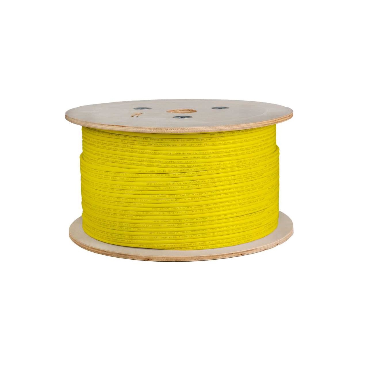065-708/A/P/YL Vertical Cable 065-708 Series 23 AWG Unshielded Twisted Pair Solid Bare Copper CMP Plenum Cat6A Cable - 1000' Wooden Spool - Yellow
