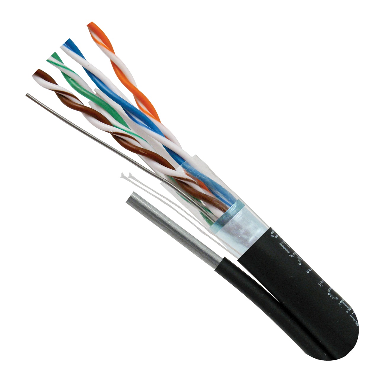 069-563/S/MESG Vertical Cable 069-563 Series 23 AWG 8 Unshielded Twisted Pair Solid Bare Copper LLDPE Jacket CMX Non-Plenum Cat6 Galvanized Steel Messenger Direct Burial / Aerial Cable - 1000' Wooden Spool - Black
