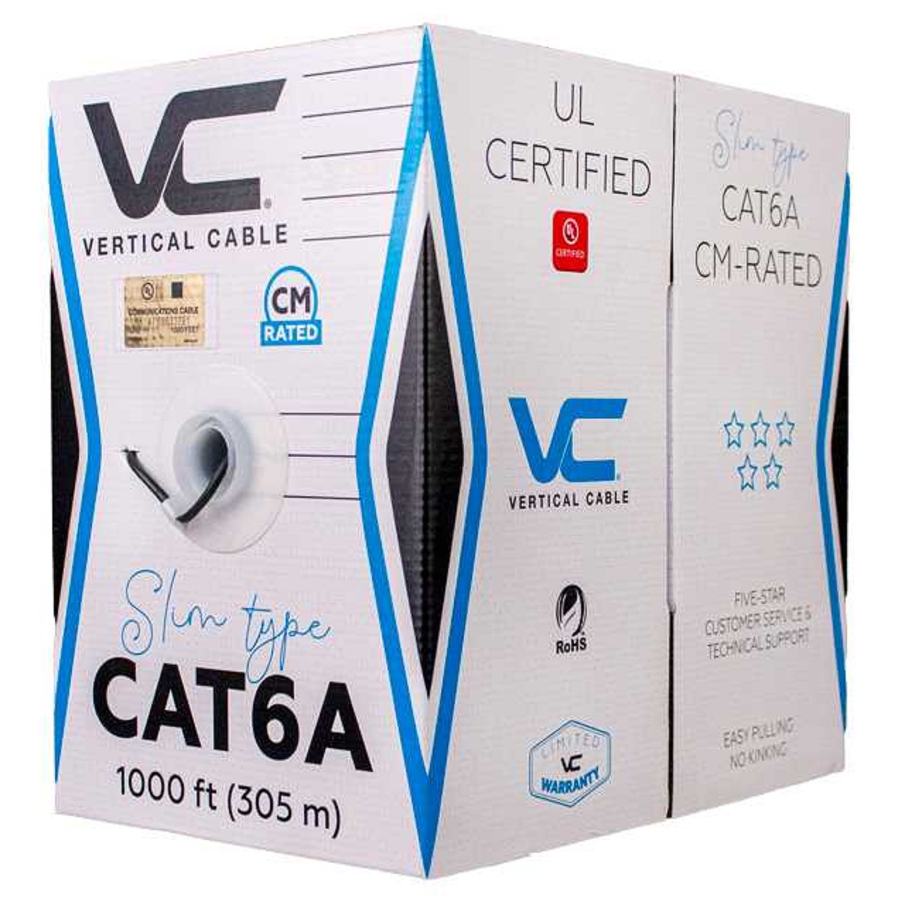 173-200/ST/BK Vertical Cable 173-200 Series 28 AWG 4 Unshielded Twisted Pair Solid Bare Copper CM Non-Plenum Slim Cat6A Cable - 1000' Pull Box - Black