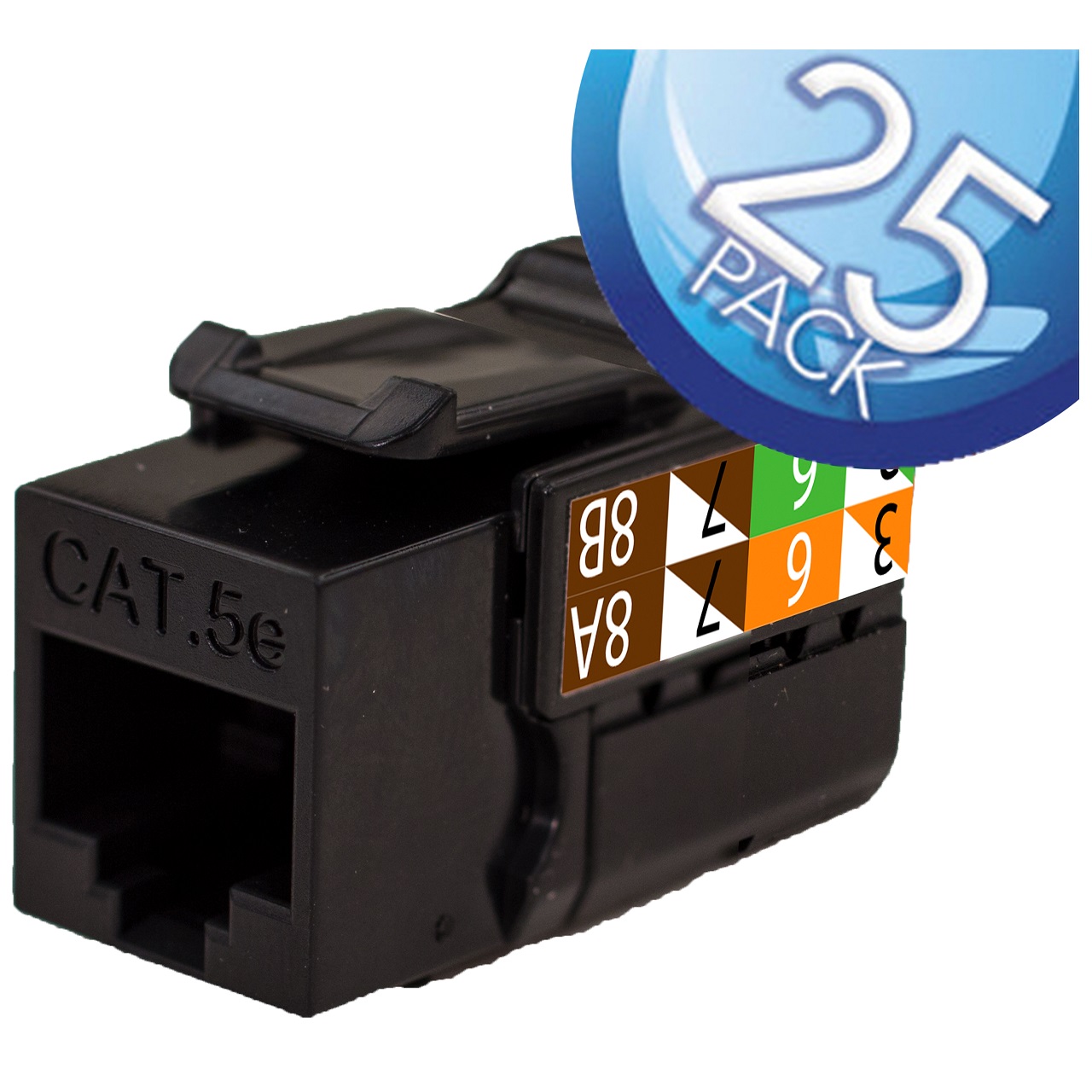 351-V2602/BK/25 Vertical Cable CAT5E Data Grade Keystone Jack 90Â° 8x8 Conductors - 25 Pack - Black