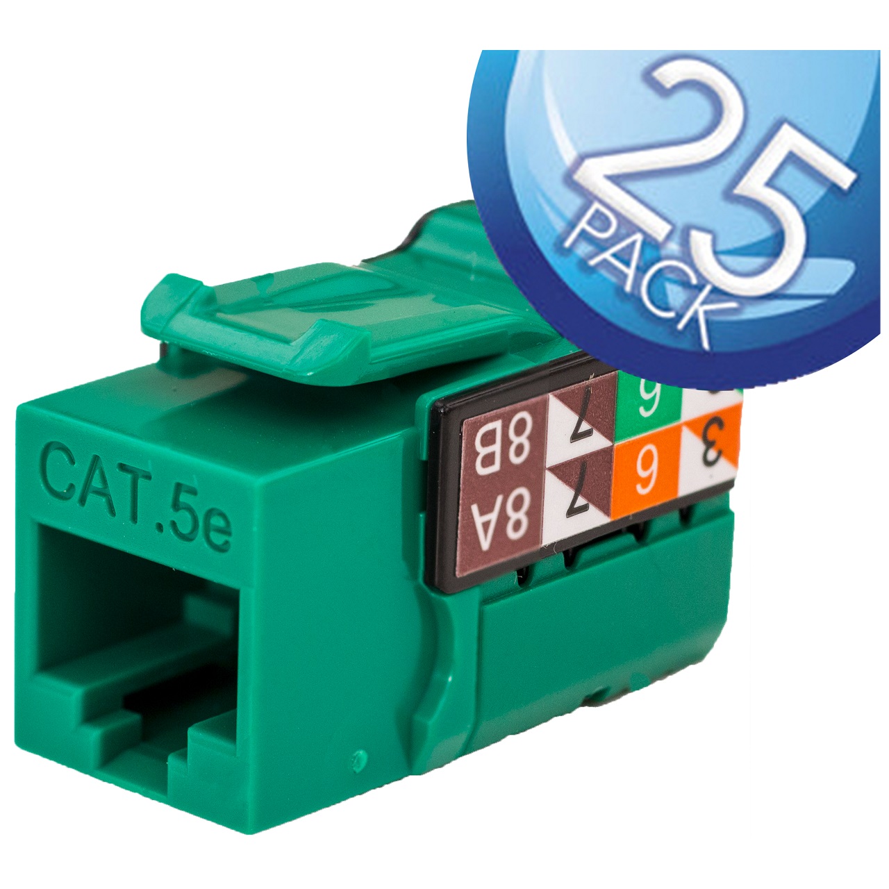 351-V2604/GR/25 Vertical Cable CAT5E Data Grade Keystone Jack 90Â° 8x8 Conductors - 25 Pack - Green