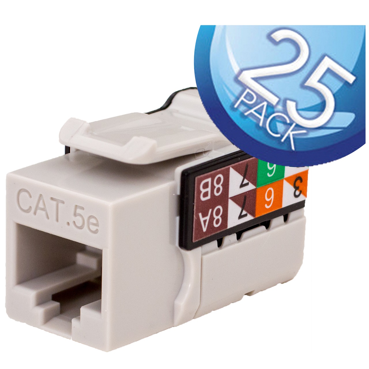 351-V2605/GY/25 Vertical Cable CAT5E Data Grade Keystone Jack 90Â° 8x8 Conductors - 25 Pack - Gray
