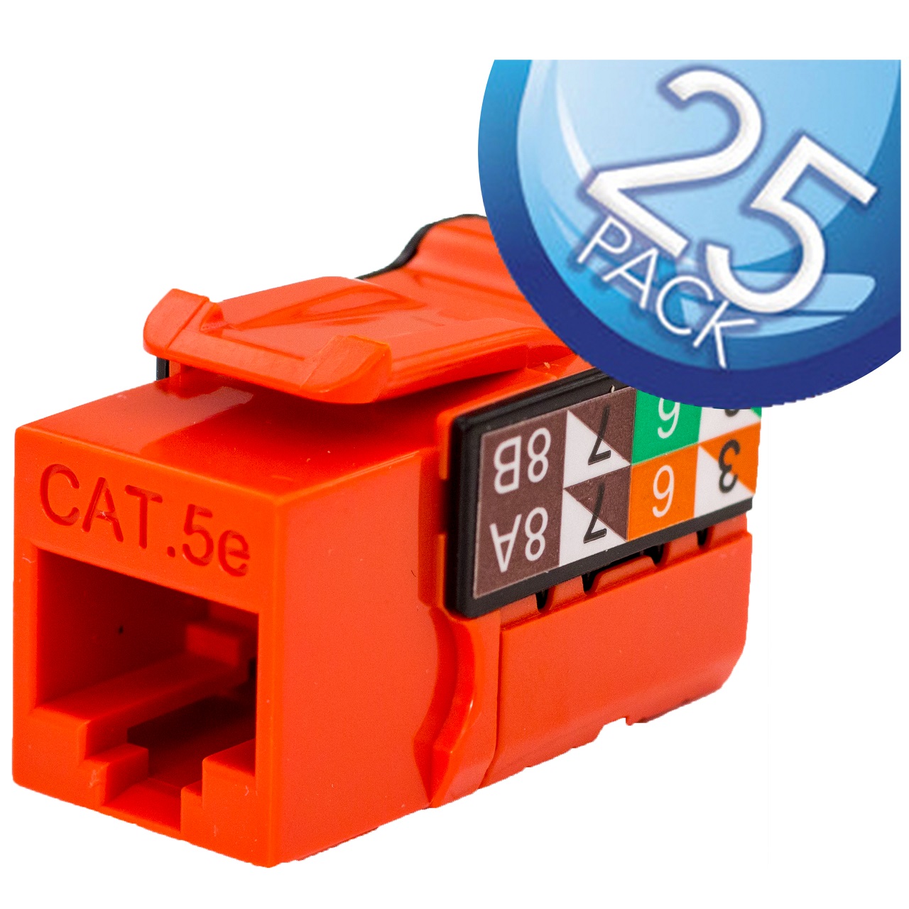 351-V2607/OR/25 Vertical Cable CAT5E Data Grade Keystone Jack 90Â° 8x8 Conductors - 25 Pack - Orange