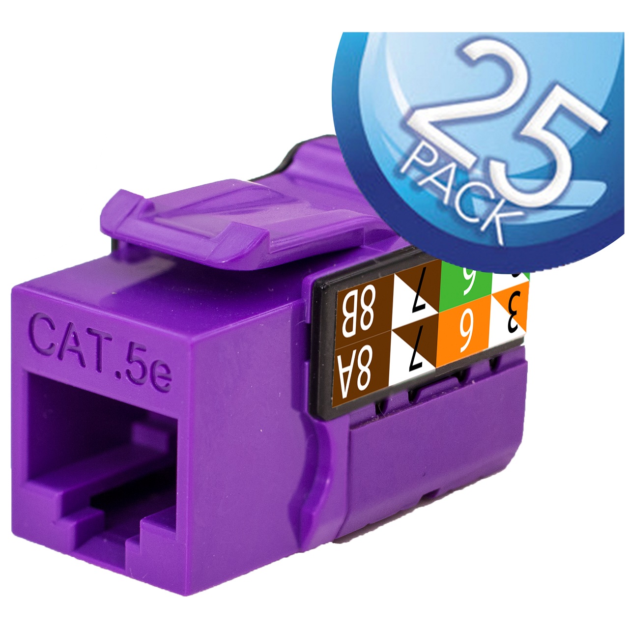 351-V2608/PR/25 Vertical Cable CAT5E Data Grade Keystone Jack 90Â° 8x8 Conductors - 25 Pack - Purple