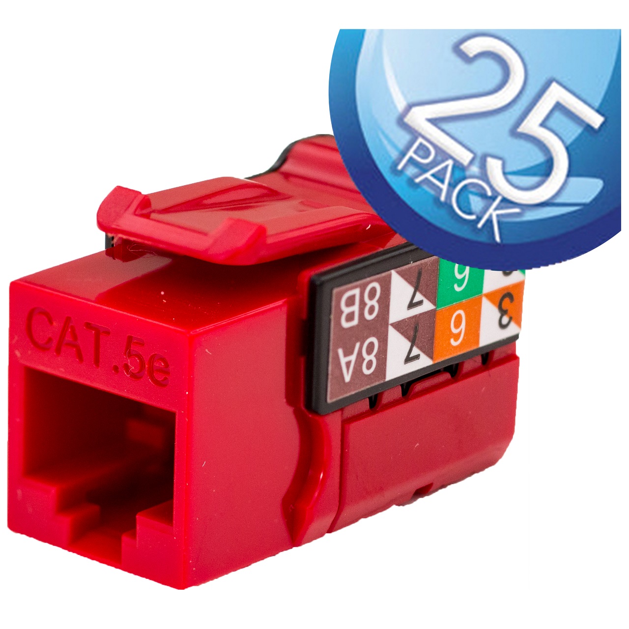 351-V2609/RD/25 Vertical Cable CAT5E Data Grade Keystone Jack 90Â° 8x8 Conductors - 25 Pack - Red
