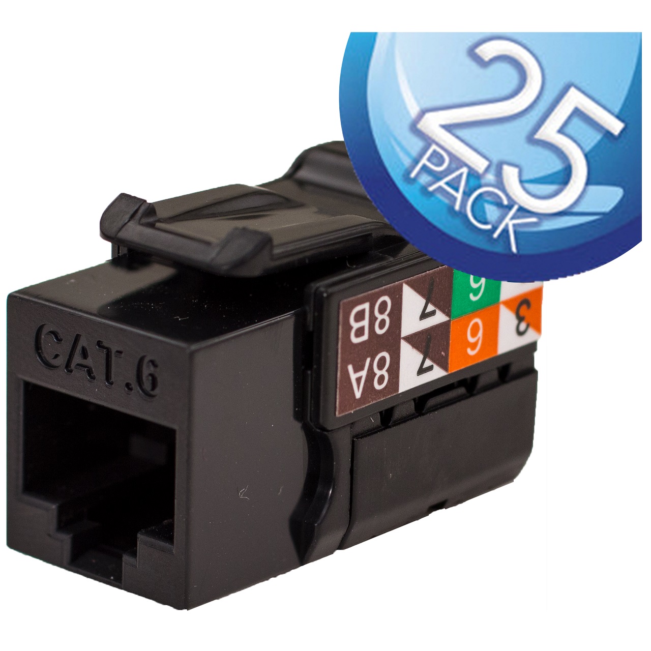 352-V2702/BK/25 Vertical Cable CAT6 Data Grade Keystone Jack 90Â° 8x8 Conductors - 25 Pack - Black