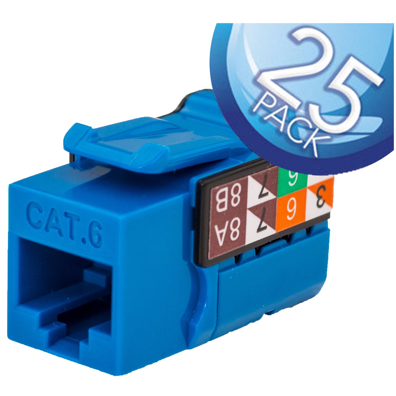 352-V2703/BL/25 Vertical Cable CAT6 Data Grade Keystone Jack 90Â° 8x8 Conductors - 25 Pack - Blue
