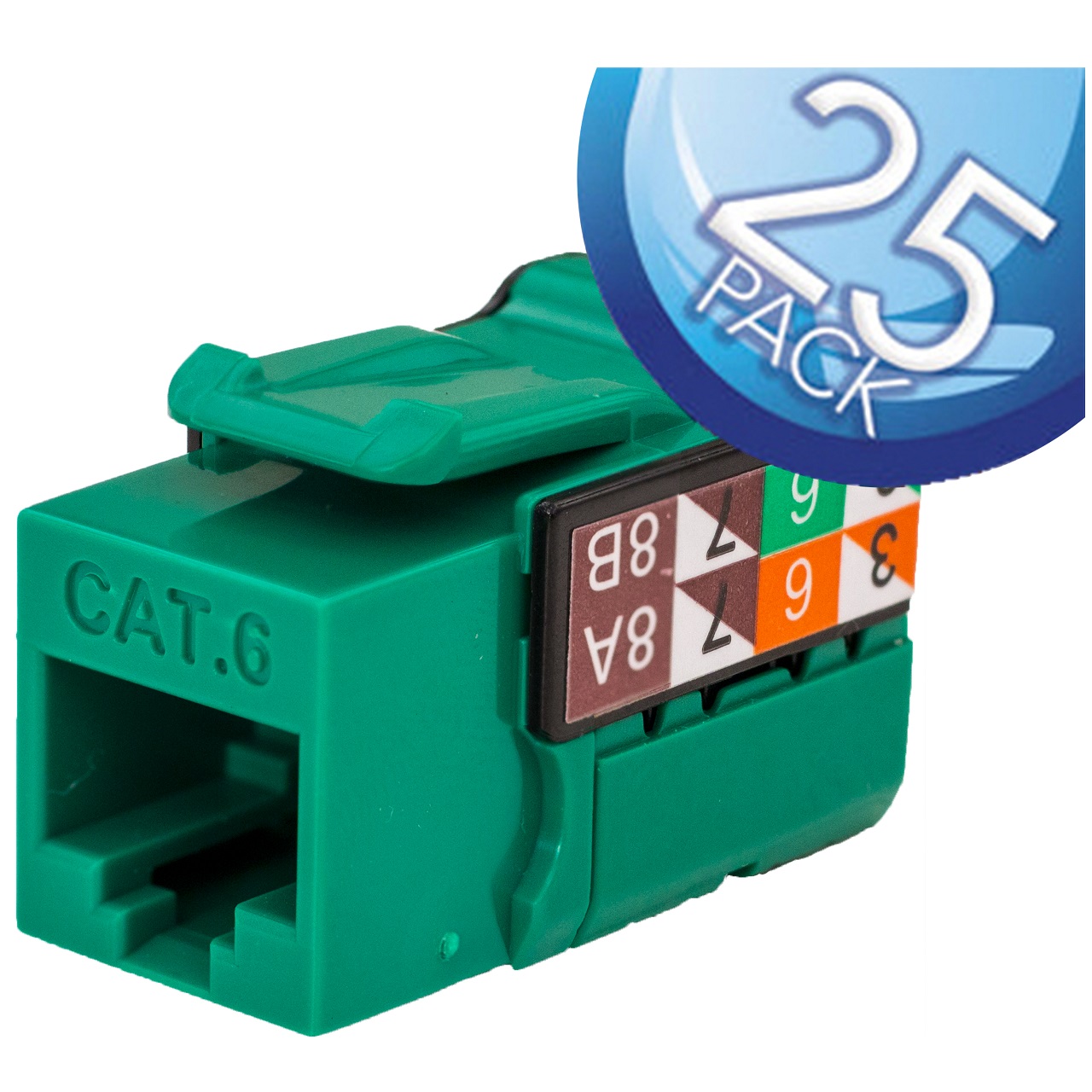 352-V2704/GR/25 Vertical Cable CAT6 Data Grade Keystone Jack 90Â° 8x8 Conductors - 25 Pack - Green