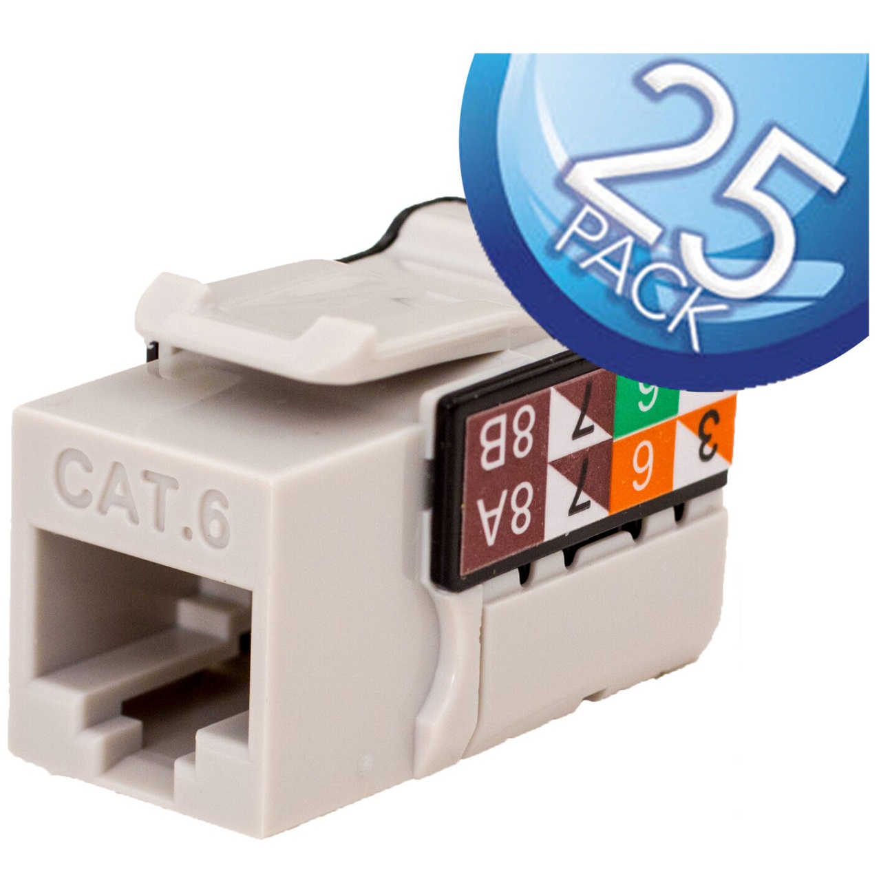352-V2705/GY/25 Vertical Cable CAT6 Data Grade Keystone Jack 90Â° 8x8 Conductors - 25 Pack - Gray