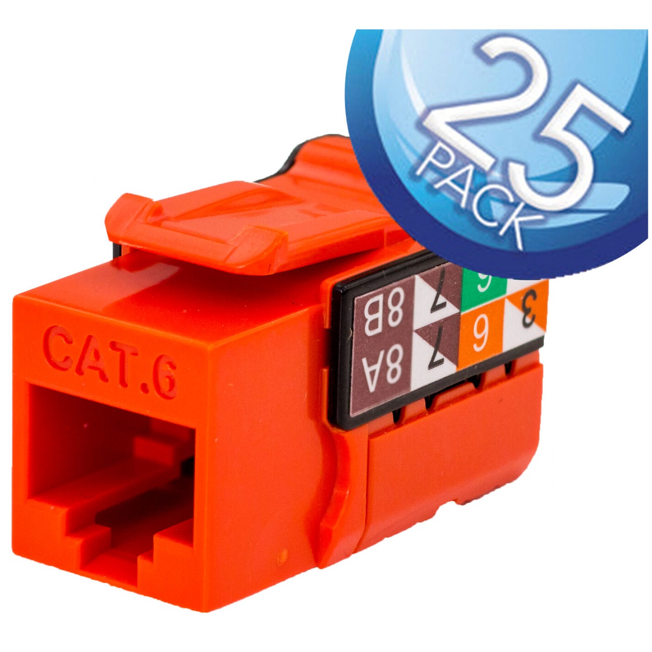 352-V2707/OR/25 Vertical Cable CAT6 Data Grade Keystone Jack 90Â° 8x8 Conductors - 25 Pack - Orange