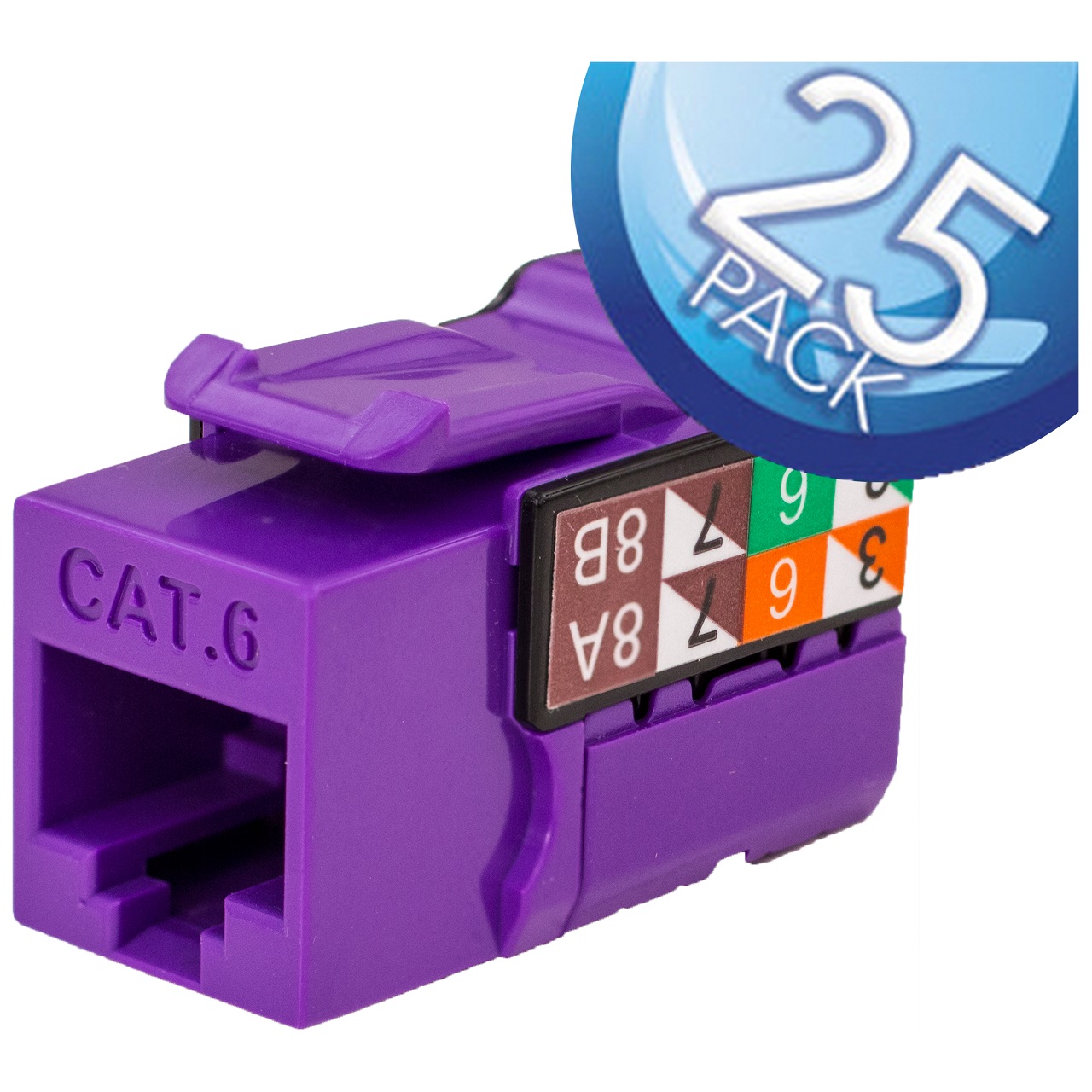 352-V2708/PR/25 Vertical Cable CAT6 Data Grade Keystone Jack 90Â° 8x8 Conductors - 25 Pack - Purple