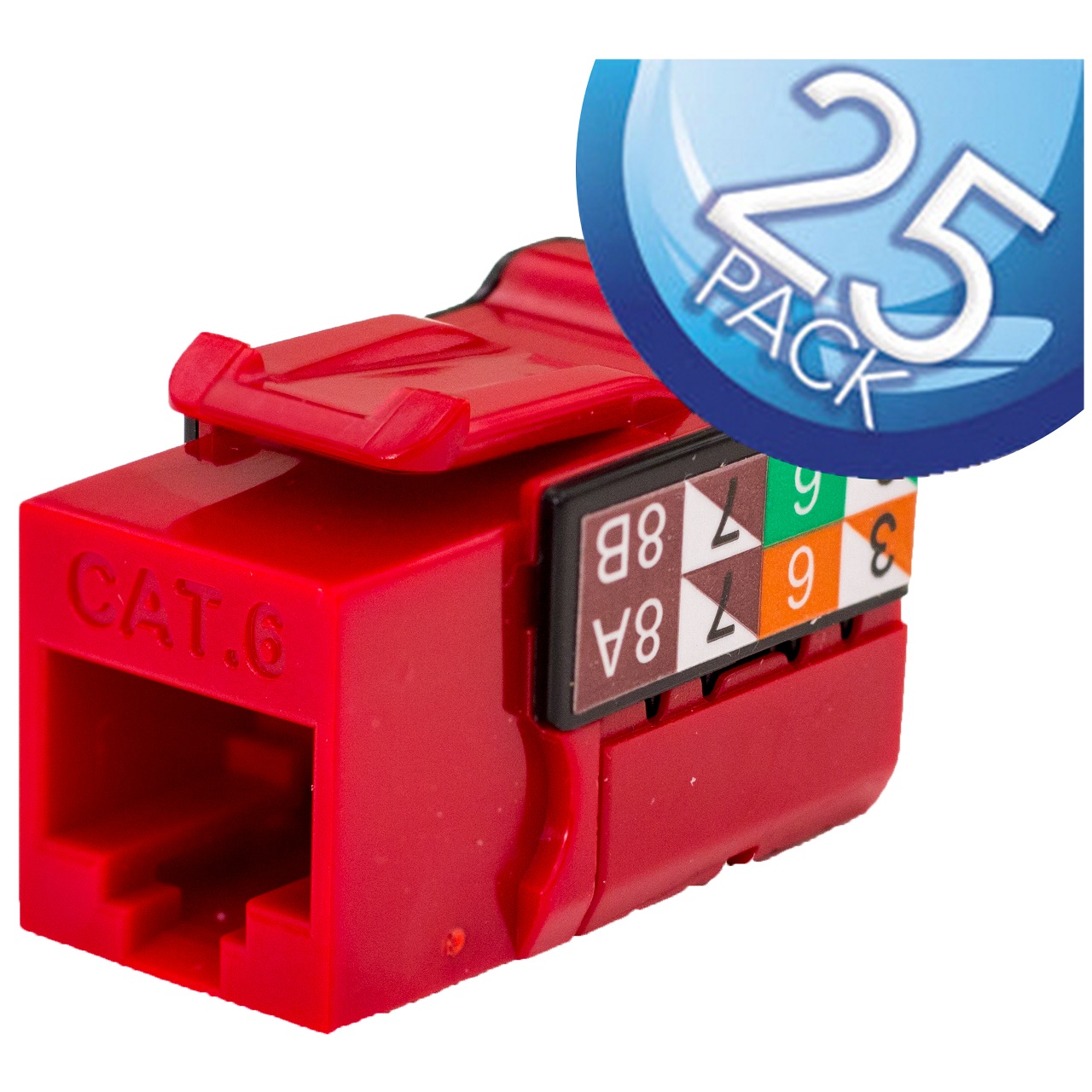 352-V2709/RD/25 Vertical Cable CAT6 Data Grade Keystone Jack 90Â° 8x8 Conductors - 25 Pack - Red