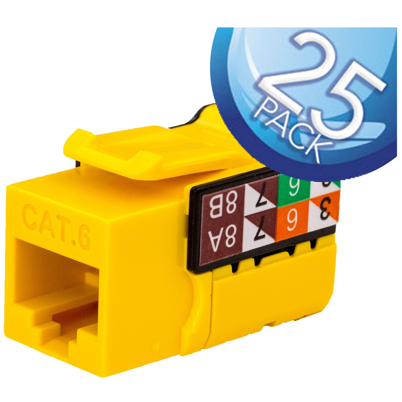 352-V2711/YL/25 Vertical Cable CAT6 Data Grade Keystone Jack 90Â° 8x8 Conductors - 25 Pack - Yellow