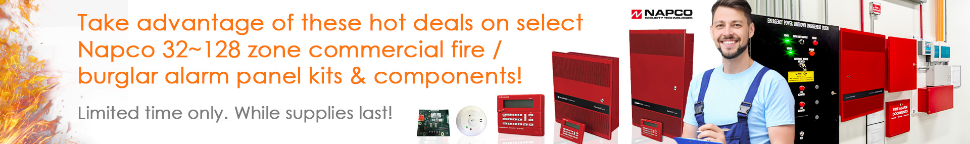 Napco Hot Deals on 32 to 128 zone commercial fire alarm panel kits and components